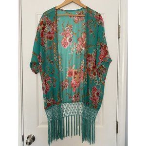 Turquoise Green Floral Open Front Sheer Kimono With Fringe